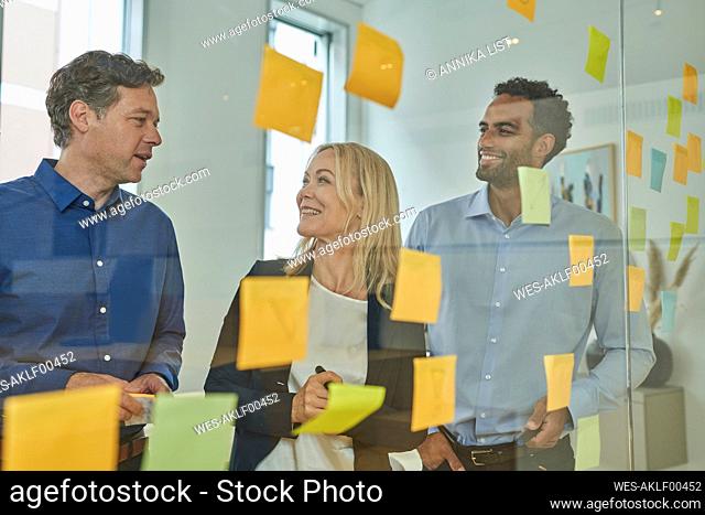 Business professionals having discussion seen through glass at office