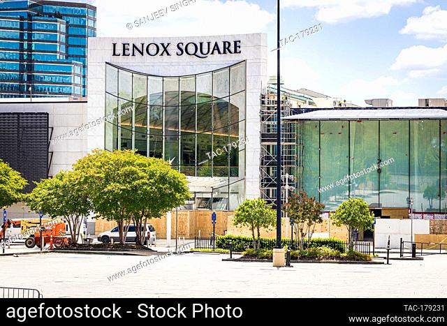 Atlanta, GA - May 31, 2020: Lenox Square Mall boarded and closed following damage caused by rioters over the weekend on May 31, 2020 in Atlanta, Georgia