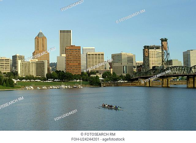 Portland, OR, Oregon, Willamette River, Hawthorne Lift Bridge, downtown, skyline