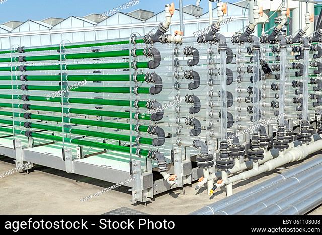 Wageningen, Netherlands - September 22, 2020: Algae unit for Algae production as sustainable alternative biomass to produce fuel, oil and protein