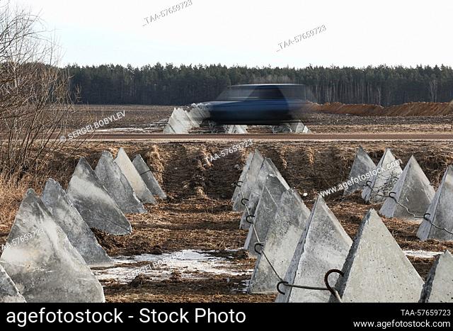 RUSSIA, BRYANSK REGION - MARCH 3, 2023: Tank traps are seen on a fortification line along the border to Ukraine. On 2 March 2023