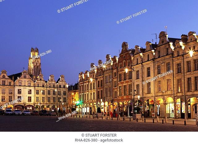 Flemish Baroque architecture at night on the Petite Place Place des Heros, Arras, Nord-Pas de Calais, France, Europe