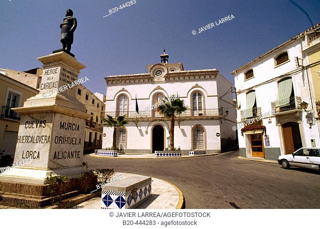 Estatua al Héroe de la Caridad (Monument to the charity hero) and Town Hall, Cuevas de Almanzora, Almeria province, Spain