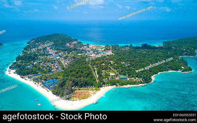 High aerial overview of entire tropical Thai island of Ko Lipe and Andman Sea in Thailand