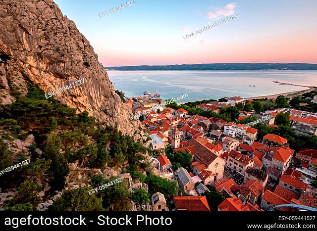 Aerial View on Omis Old Town and Holy Spirit Church, Dalmatia, Croatia