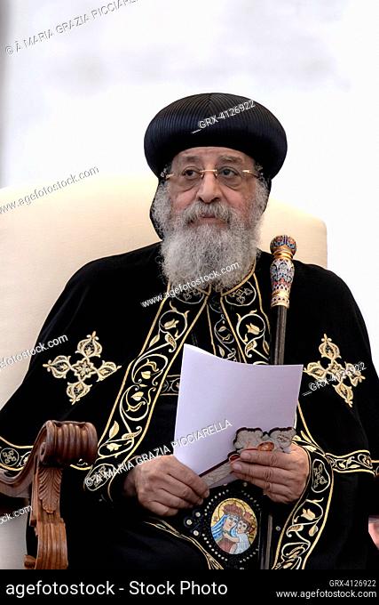 Vatican City, Vatican , 10 May 2023. The Coptic Orthodox patriarch of Alexandria, Pope Tawadros II, attends the weekly general audience in St