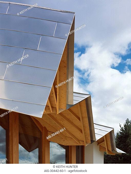 Maggie's Centre, Ninewells Hospital, Dundee, Scotland. Exterior detail of roof and rafters. Architect: Frank O Gehry