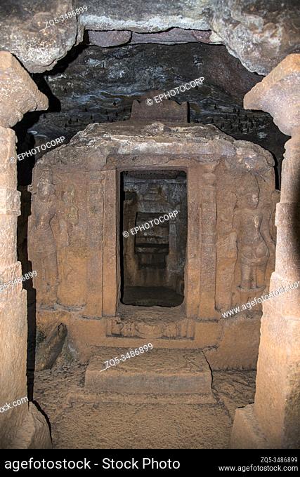 Panhale Kaji or Panhalakaji Caves, District- Sindhudurg, Maharashtra, India : Interior of sabha-mandapa showing garbhagriha of Cave No. 19