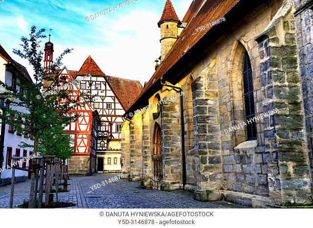 Foreground right - St. Martin church, St.Martin Strasse, in background clock-tower and part of Town Hall, historic part of Forchheim, Forchheim