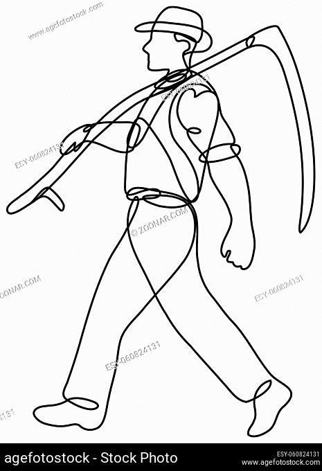 Continuous line drawing illustration of an organic wheat farmer with scythe walking side view done in mono line or doodle style in black and white on isolated...