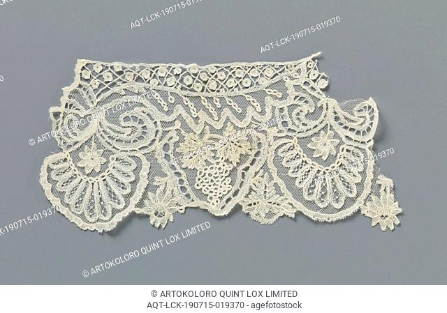 Strip of application lace with bunches of grapes and halved leaves, Strip of natural-colored application lace, bobbin lace appliqued on machine tulle