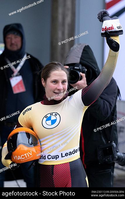13 January 2023, Saxony, Altenberg: Skeleton, World Cup, women, 2nd run at SachsenEnergie-Eiskanal Altenberg. Tina Hermann from Germany reacts at the finish