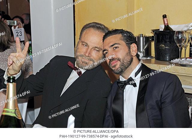 26 January 2019, Munich, München: The actors Franco Nero (l) and Elyas M'Barek celebrate at the 46th German Film Ball at the Bayerischer Hof