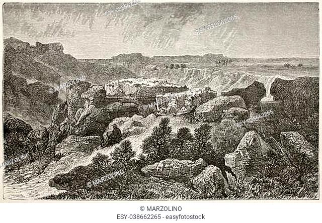 Long-Rocher old view, Fointainebleau forest, France. Created by Grenet, published on Le Tour du Monde, Paris, 1867