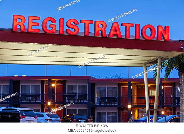 Canada, Ontario, Niagara Falls, Clifton Hill, Hotel Registration sign