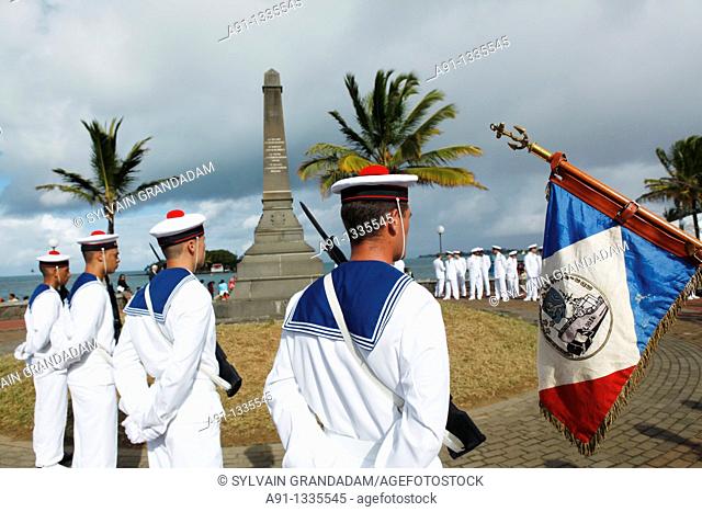 Mauritius, Sailors and crew from french warship La Grandiere commemorating the bicentenary of the Grand Port naval french victory over the british invader...