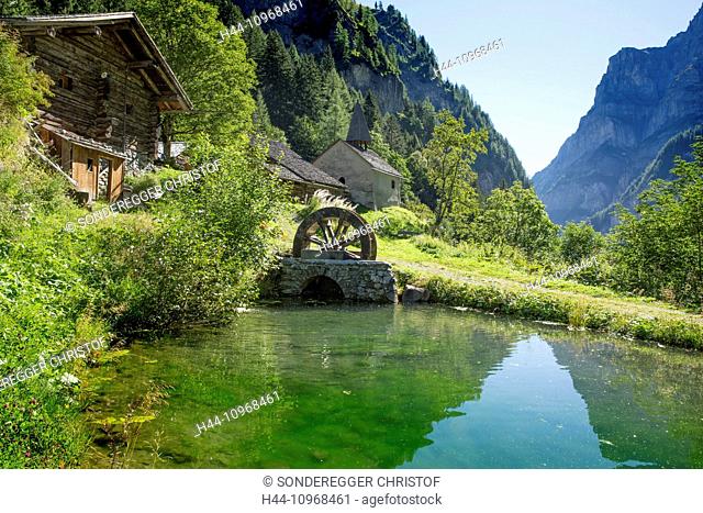 Calfeisental, St. Martin, village, water, SG, canton St. Gallen, waterwheel, Switzerland, Europe