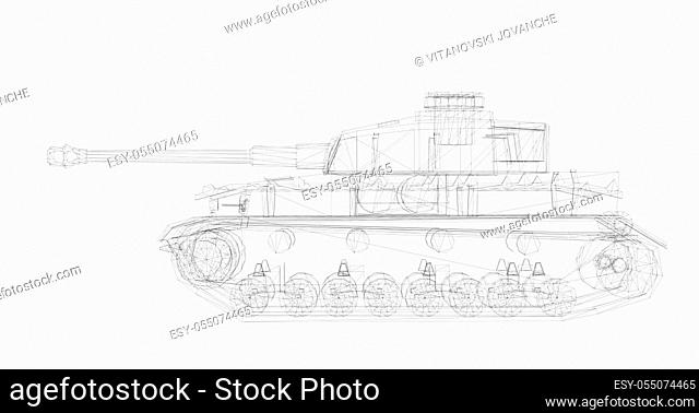 3D wireframe model of tank isolated on white background