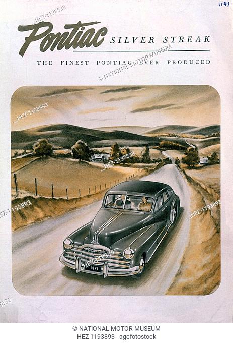 Poster advertising a Pontiac Silver Streak, 1947. The car is seen driving through the American countryside