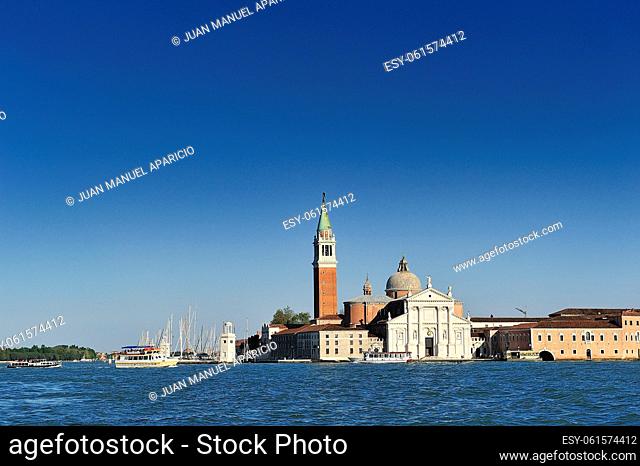 View from the Plaza San Marcos on the island of San Giorgio in Venice (Italy, Veneto) on a sunny day