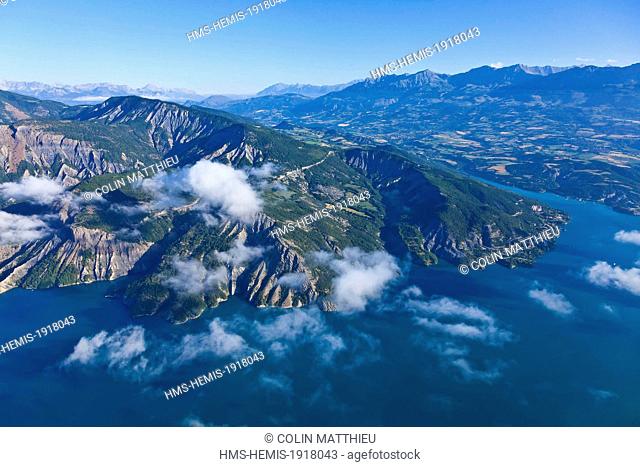 France, Hautes Alpes, Serre Poncon lake, Rousset, clouds (aerial view)