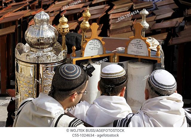 Israel, Jerusalem, Western wall of the Temple Mt , Bar Mitzvah celebration, reading from the Torah