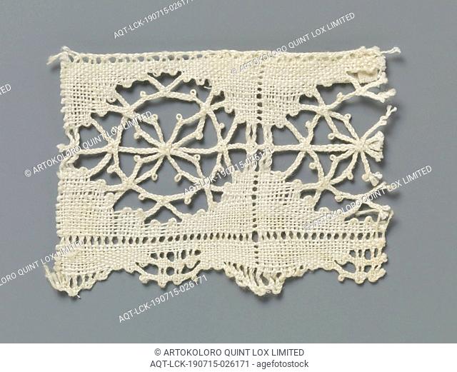 Strip of spool lace with circle and diamond-shaped spokes in openwork linen, Natural strip of spool lace, Cluny lace. The repetitive pattern consists of stiff...