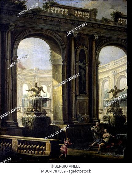 Architectural exedra with figures, by Donato Mazzolino, 1700 - 1720, 18th Century, oil on canvas. Italy, Lombardy, Milan, Castello Sforzesco