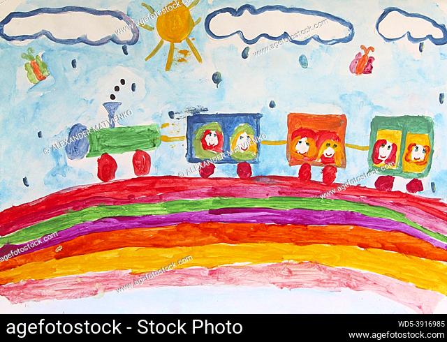 Child's drawing of merry train traveling along rainbow in rain. Funny drawing of child. Children's art. Train painted by child