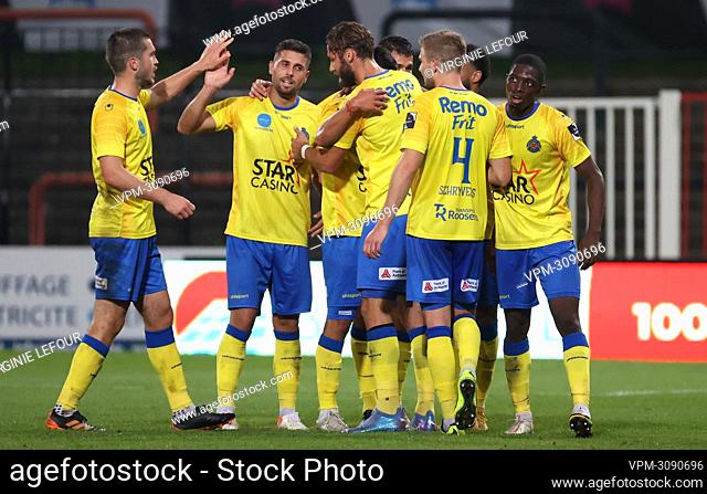 Waasland-Beveren's Jordan Faucher celebrates after scoring during a soccer match between RWDM and Waasland-Beveren, Friday 17 September 2021 in...