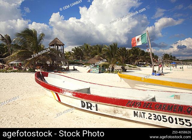 Traditional fishing boats at Tulum public beach, Tulum, Quintana Roo, Mexico, Central America