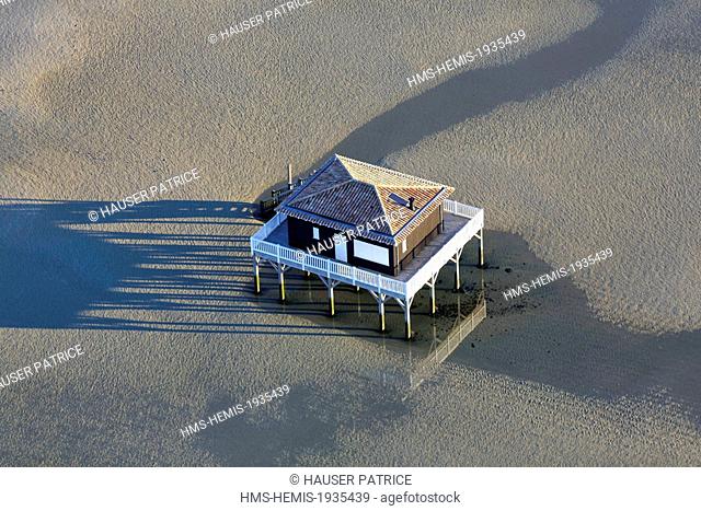 France, Gironde, Bassin d'Arcachon, ile aux oiseaux, the Cabanes Tchanquees (aerial view)