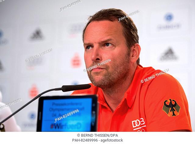 Head coach Dagur Sigurdsson of Germany's men's handball team attends a press conference at the German House (Deutsche Haus) prior to the Rio 2016 Olympic Games...