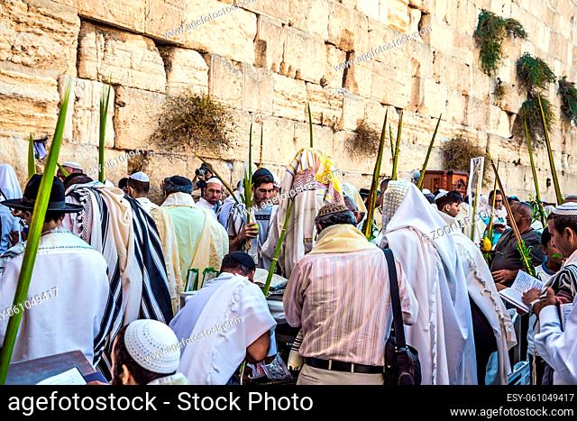 JERUSALEM, ISRAEL - SEPTEMBER 26, 2018: The blessing of the Cohanim. Ceremony at the Western slope of the Temple Mount. Jews praying at the Western Wall