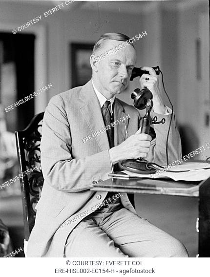 President Calvin Coolidge 1872-33 using a telephone, two days after the sudden death of President Warren Harding on Aug. 2, 1923
