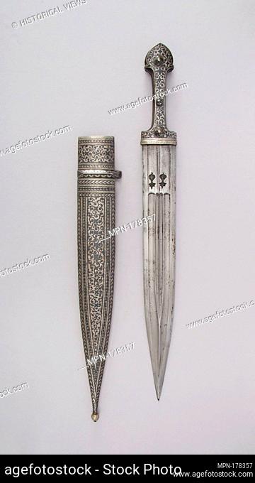 Dagger (Kindjal) with Sheath. Date: 19th century; Culture: Caucasian; Medium: Steel, horn, silver, niello; Dimensions: L. with sheath 21 13/16 in. (55