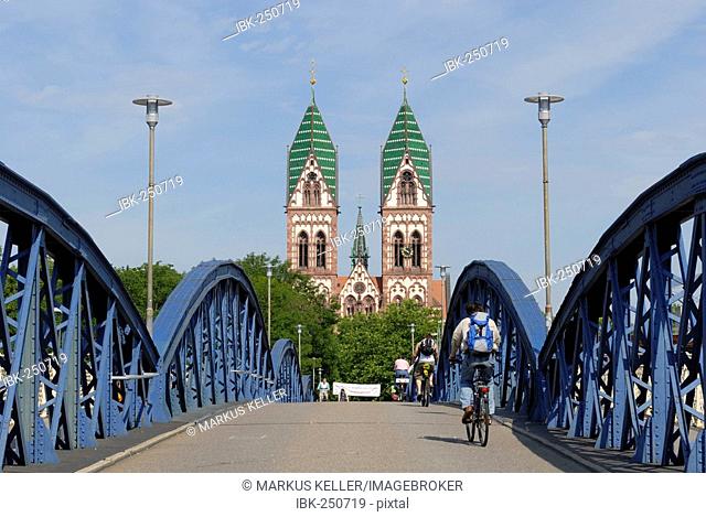 Freiburg im Breisgau - blue bridge (wiwili-bridge) and the Herz-Jesukirche in the background - Baden Wuerttemberg, Germany, Europe