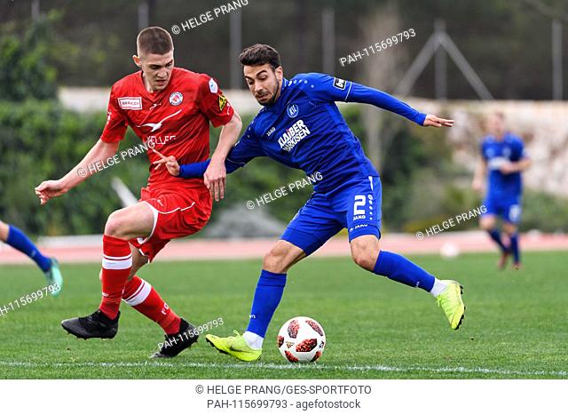 Burak Camoglu (KSC) in the duels with Marin Cavar (FC Winterthur). GES / Football / 3rd League: Test match in training camp: Karlsruher SC - FC Winterthur, 15