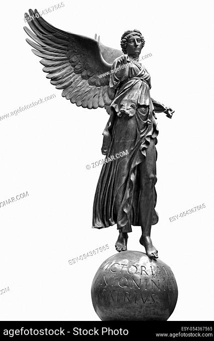 Bronze statue of a Winged Victory. Frontal view of a Statue of the goddess Nike, isolated on white background by clipping path