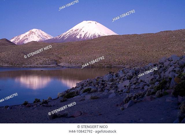 Chile, South America, Parinacota volcano, Pomerape volcano, national park, Lauca, Altiplano, America, Andes, mountain