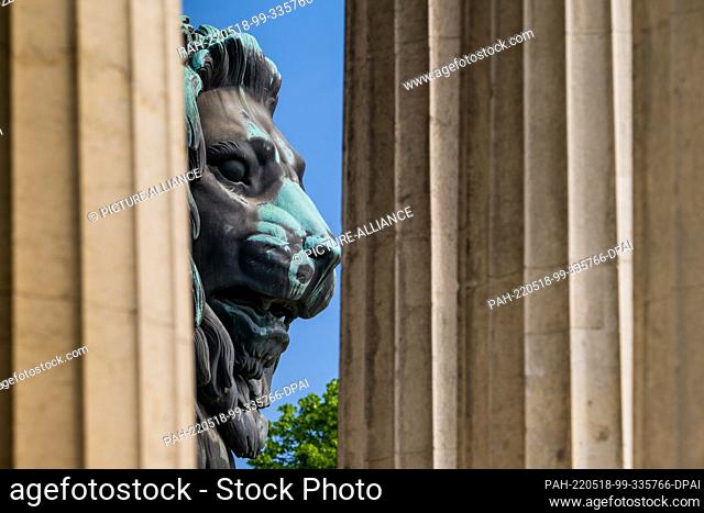 18 May 2022, Bavaria, Munich: The lion standing at the foot of the 18-meter-high Bavaria statue at the Oktoberfest grounds can be seen against a blue sky...