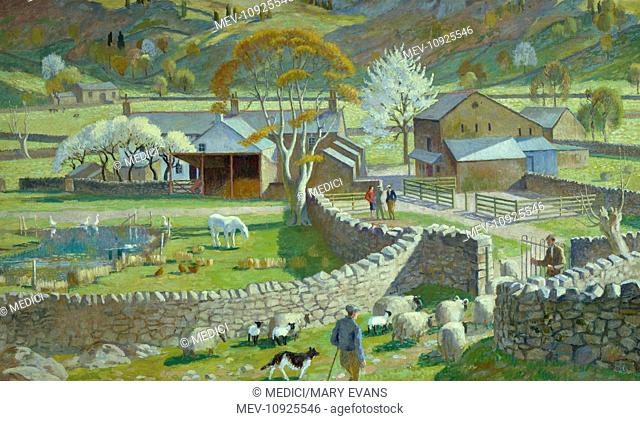 Easdale Farm, Grasmere' – shepherd with dog, sheep and lambs in the foreground, horse and hens in farmyard, pond with ducks, farm buildings etc