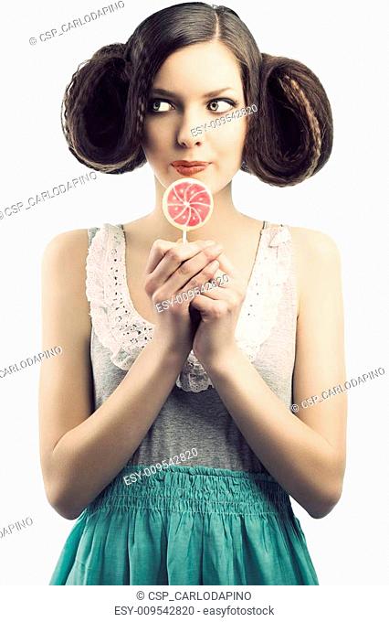vintage girl with lollipop, she looks at right