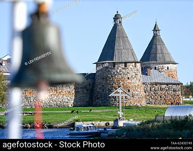 RUSSIA, ARKHANGELSK REGION - SEPTEMBER 18, 2023: A view of the Solovetsky Monastery on Bolshoy Solovetsky Island of the Solovetsky archipelago from the White...