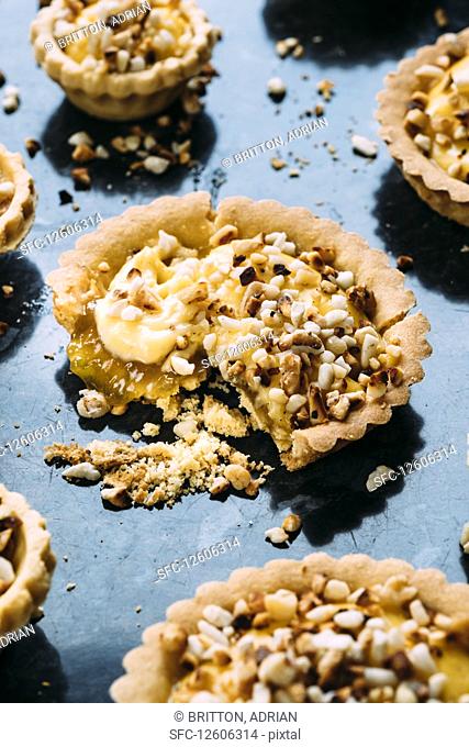Shortcrust pastry custard tarts with a rhubarb and ginger conserve filling and toasted chopped nut topping