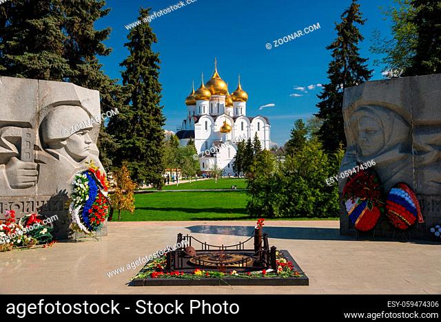 Yaroslavl, Russia - May 8, 2016: Assumption cathedral and the war memorial in Yaroslavl, Russia. Golden Ring of Russia
