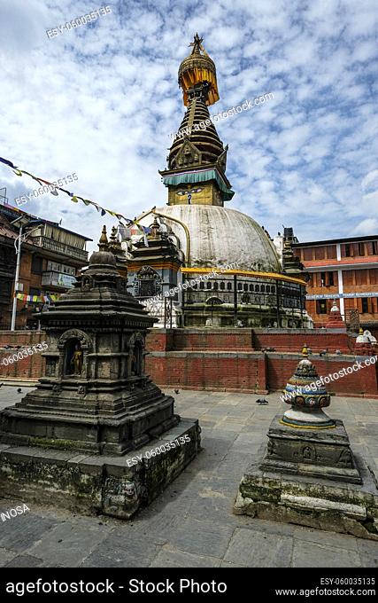 Kathmandu, Nepal - September 2021: Kathesimbhu stupa is located between Thamel and Durbar Square in the heart of Kathmandu on September 21, 2021 in Kathmandu