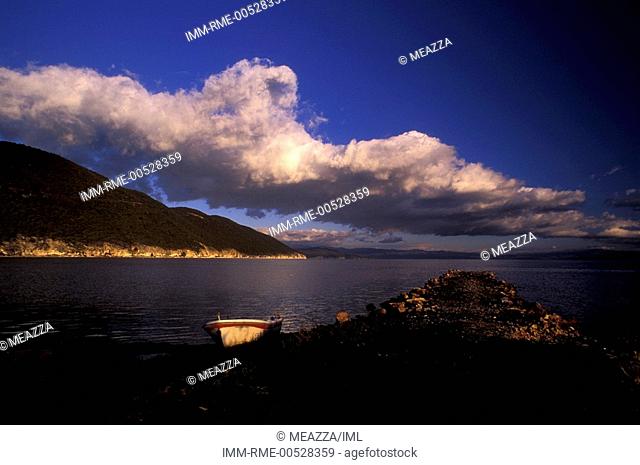 View of the lake from Psarades, fishing boat, Lake of Prespes, Macedonia West, Greece