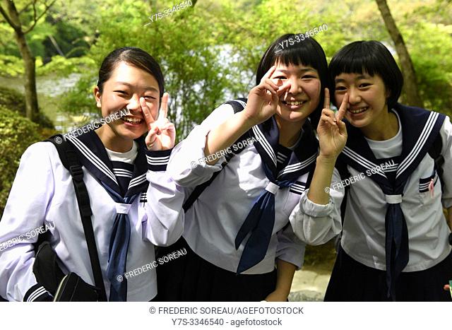 Japanese school girls in Kyoto, Japan, Asia