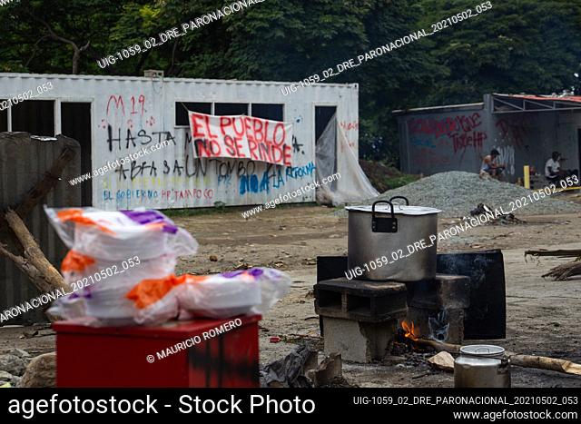 A communitary kitchen is set where demonstrators camp in Yumbo, Valle del Cauca, Colombia on May 2, 2021 as protests in Valle del Cauca in Colombia had been...